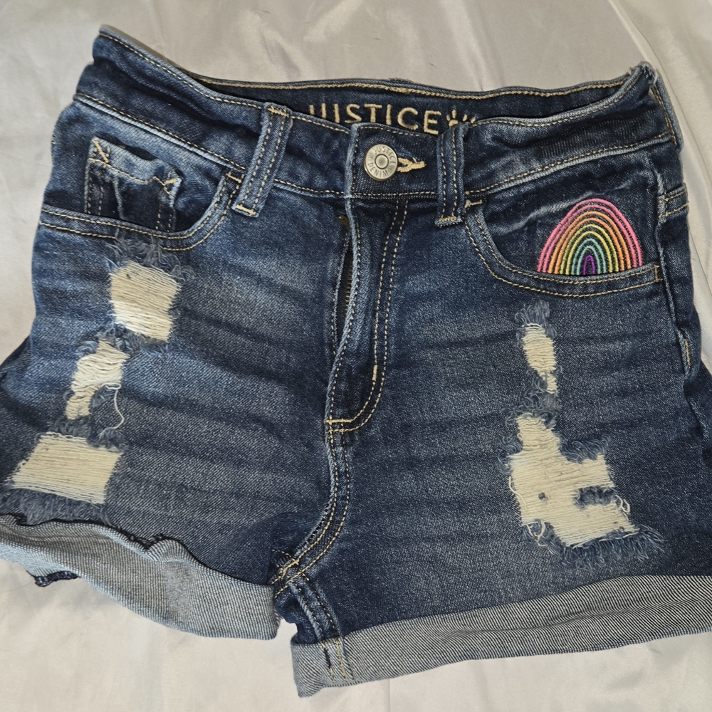 Justice Girls Denim Jean Mini Mom Shorts SZ 12 Distressed Embroidered Rainbow